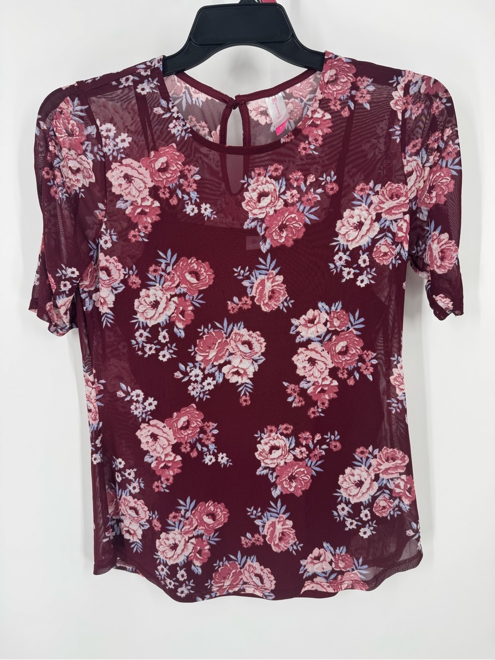 No Boundaries Burgundy Floral Mesh Short-Sleeve Top